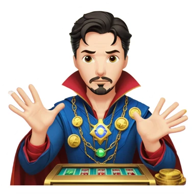 disheveled Doctor Strange losing money at a slot machine, panicked face, coins flying sticker