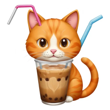Gato naranja tomando café frio con un popote sticker