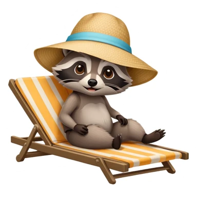 a raccoon on a beach sun bathing on a lounger with a sun hat on sticker