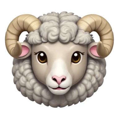 Cinematic Cute Ram Portrait Emoji, Head tilted playfully and inquisitively, featuring a dense, woolly grey fur with charming curled horns, round, sparkling dark eyes filled with curiosity, Simplified yet irresistibly adorable features, highly detailed, glowing with a warm, friendly glow, high shine, affectionate and spirited, stylized with a touch of rugged whimsy, bright and endearing, soft glowing outline, capturing the essence of a mischievous yet loving ram, so playful it feels like it could butt its way out of the screen and into your arms! sticker