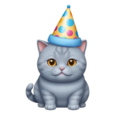 British shorthair blue cat with round face and chubby cheeks wearing a colorful birthday hat sticker