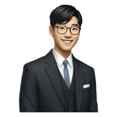 young kpop asian man black medium length bang hair smiling wearing a suit without a shirt with prescription glasses on sticker