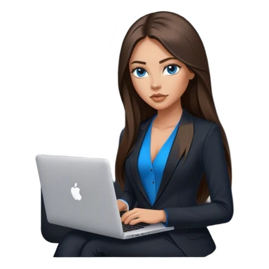 Model tanned beautiful girl with pump nude lips and brunette straight long hair, straight hair parting, blue eyes with MacBook and black, black suit vest, V-neck sticker