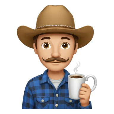 generate an ios genmoji of a 20 year old tan boy with a cowboy hat and horseshoe mustche. Wearing a flannel and carrying a coffee mug sticker