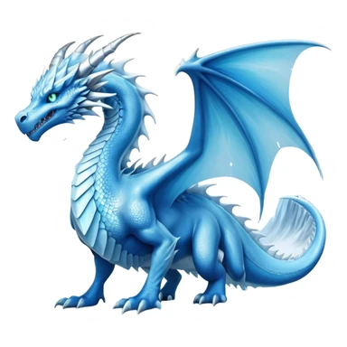 Cinematic Noble wise elegant Ice Dragon full body  Emoji, Poised and imposing, distinct long elegant snout, with a slender, scaled body shimmering in glacial hues of icy blue, frostbitten silver, and crystalline white, breathing out frost, with piercing, glowing ice blue white eyes that radiate the chilling depths of an arctic storm; rendered in detail. excuding wisdom sticker