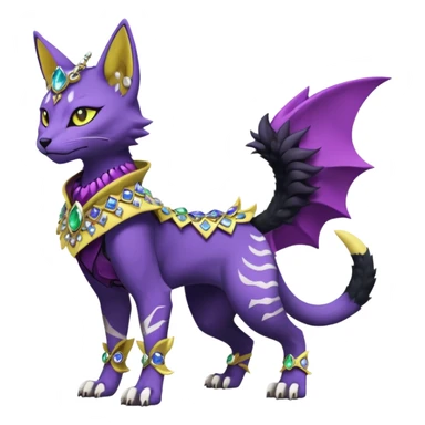 Kawaii cute Violet Yellow Black beautiful pretty elegant divine edgy feline-vernid-sergal-Fakémon-Pokémon-Digimon-fursona-animal-creature, full body, with intricate detailed markings, Embroidered capelet, Gem-studded horn ring sticker