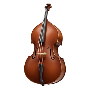 Create an elegant and detailed emoji representing a Gliga Gama double bass with bow. The design should showcase the large, sleek body of the double bass with its rich wood finish, including the characteristic curves and deep tone holes. The bow should be elegantly positioned next to the instrument, highlighting the hair and smooth wooden stick. Use warm wood tones like chestnut brown for the body of the bass, silver accents for the fittings, and dark brown for the bow. Add subtle musical notes or sound waves flowing from the bass to represent its deep, resonant sound. The background should be transparent. sticker