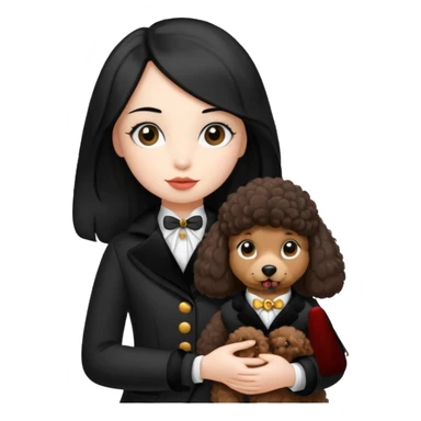 A girl who has long hair and looks like a penguin holds a brown poodle sticker