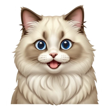 Cinematic-Adorable-Seal-Ragdoll-Cat-Portrait-Emoji – Big-eyed, fluffy Ragdoll cat with a playful head tilt and a cute yawn, soft brown-and-white fur with darker seal points on the ears and face, simplified yet irresistibly cute features, sparkling blue eyes full of mischief, highly detailed with a gentle glow. sticker