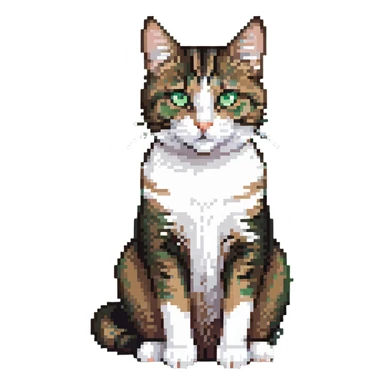 Brown, white, and black tabby cat with green eyes sitting to show its white belly, pixelated art sticker