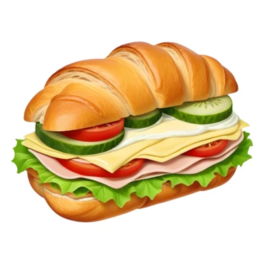 sandwich with turkey, lettuce, pickles, mayonnaise, and tomatoes on a croissant sticker
