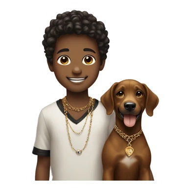 smiling boy with dog  brown and black and jewelry sticker