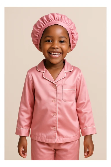 cheerful black girl in pink pajamas and a pink satin sleep cap, standing, simple background sticker