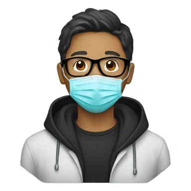Man with medical mask and black hoody and black glasses sticker