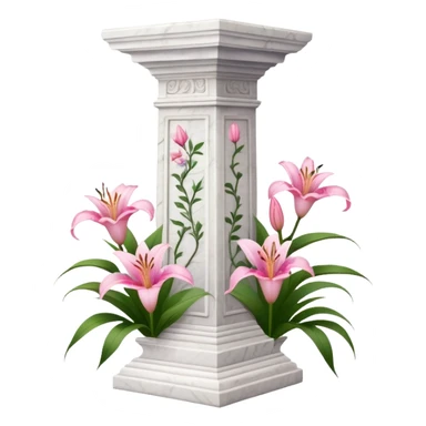 White tall marble pedestal with vines growing on it and pink lilies, beautiful romantic scenery  sticker