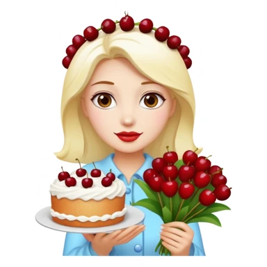 Beautiful woman with bouquet of flowers and lush white cakes with icing and cherries emoji style sticker