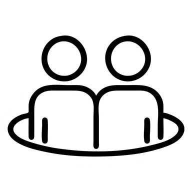 minimal icon, two people next to each other, black line art, faint energy ring, flat and simple design, white background sticker