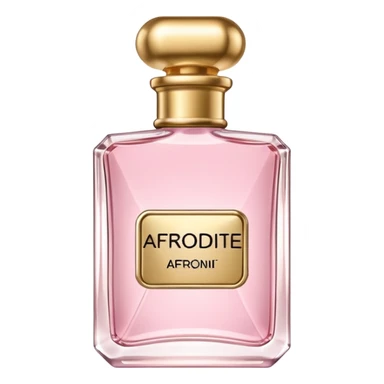 rectangle perfume with gold cap light pink liquid written AFRODITE sticker