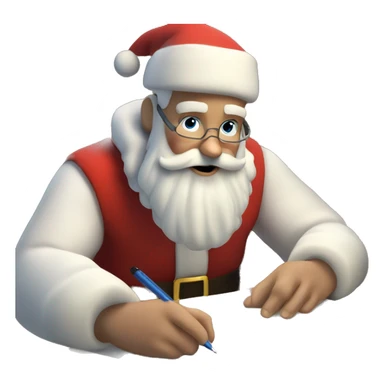 White Father Christmas is sitting on a desk, writing something down on a sheet of paper, solving complicated math puzzles, you can see the math tasks sticker