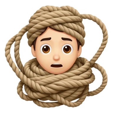 A cartoon person comically tangled and wrapped in rope with a silly surprised expression, looking confused sticker