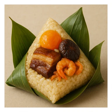 A zongzi with visible sticky rice, salted egg yolk, braised pork belly, mushroom, and dried shrimp filling, wrapped in green bamboo leaves, for Dragon Boat Festival. sticker