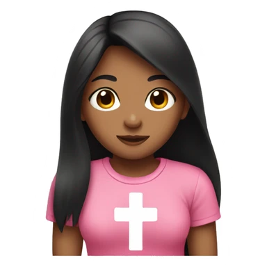 girl with black long hair wearing pink t-shirt with cross in her heart sticker