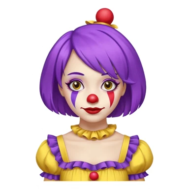 Clown girl with the human style. Has a purple wig, simple makeup, and a yellow dress sticker