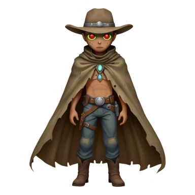 A rugged alien outlaw cowboy with scars and glowing red eyes, torn futuristic poncho, standing in a deserted alien town, dust blowing through empty streets, moody shadows, gritty sci-fi western realism
 sticker