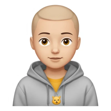 Light skin tone
Buzz cut (very short hair)
Thick, straight eyebrows
Big round brown eyes
Small closed-mouth smile
Wearing a grey hoodie over a white T-shirt sticker