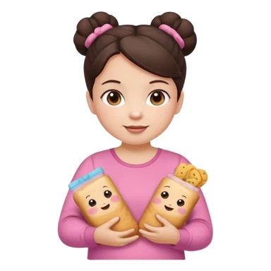 Cute small Toddler emoji with two buns dark brown hair, fair skin, in pink top, holding toddler snacks sticker