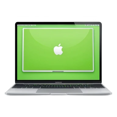 A macbook laptop front facing with its screen showing lime green screen with white paper overlapping outside the monitor . sticker