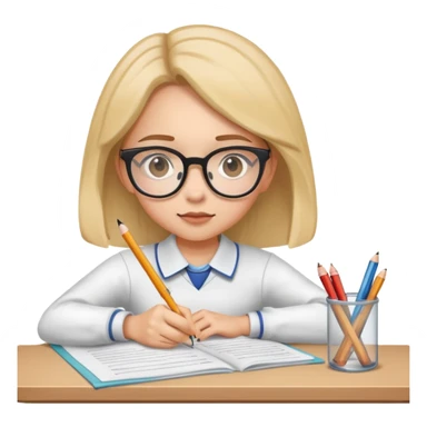 Girl student with glasses focused on exam papers, writing with pencil sticker