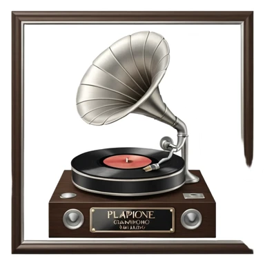 A platinum music award plaque: a square, polished platinum plate with a subtly textured, mirror-like finish, mounted on a simple dark wood base. The center features a relief of a vintage gramophone or stylized vinyl record in a slightly darker metallic tone.  sticker