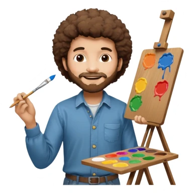 Bob Ross with a paint palette and painting on an easel sticker