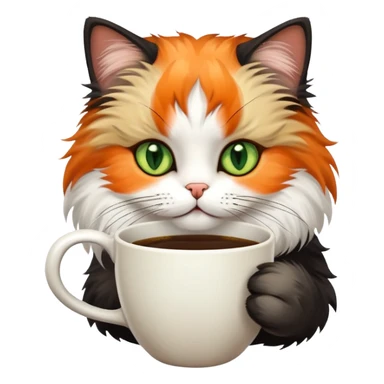tricolor fluffy cat with big green eyes drinking a cup of coffee sticker