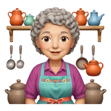 cheerful rural old woman in Apple iOS emoji style, chubby cheeks, short gray curly hair, flowery blouse, colorful apron, pastel tones, expressive eyes, Chilean rural kitchen with clay pots, warm inviting lighting, clean vector look sticker