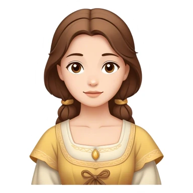 Cinematic Serene Belle Portrait Emoji, rendered in a simplified vector style. Depict a gentle Belle (chest and above) with fair, glowing skin, softly cascading brown hair, and a calm, inviting expression, dressed in her traditional village dress. The image exudes a soft, luminous glow and is outlined with a subtle, warm light. sticker
