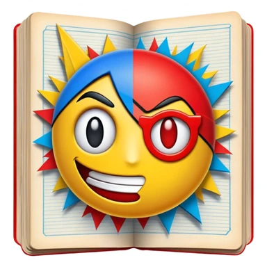 Create a vibrant emoji, representing comic books and graphic novels as an art form. The design should feature a large, opened comic book with vintage comic panels on the pages. Include a pencil (without a hand), writing text or sketching on the pages. The comic panels should have bold lines and retro-style artwork with classic comic book visuals. Use bright, energetic colors like red, yellow, and blue to evoke excitement and creativity. The overall design should feel dynamic, vintage, and artistic. Make the background transparent. sticker