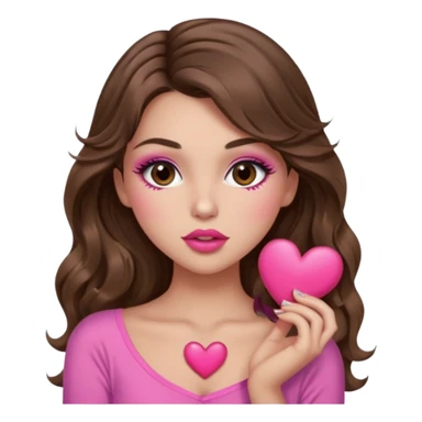 girl with long wavy brown hair, brown eyes, long lashes makeup, sexy pink lips, light to medium complexion, wearing a pink sexy top, sexy , puckering, blushing, kissing a heart sexy sticker