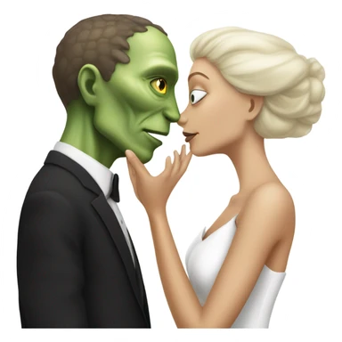 White man in black dress hugs and kissing Alien reptilian woman in white dress  sticker