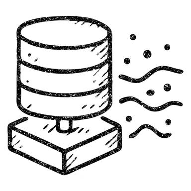 abstract minimalist hand-drawn outlined icon of geometric forms hinting at database and basement, with abstract data streams of lines, dots, or waves, worn and distressed effect sticker