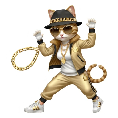 female cat in Run DMC hip-hop outfit with tracksuit, fedora, Adidas sneakers, dark sunglasses, many gold chains and bling accessories, doing a headspin break dance move sticker