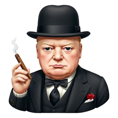Cinematic Realistic Winston Churchill Portrait Emoji, depicted as a resolute British statesman with a signature bowler hat and a cigar, exuding determined leadership and wartime valor, rendered with lifelike textures and dramatic vintage lighting that captures his iconic British spirit. sticker
