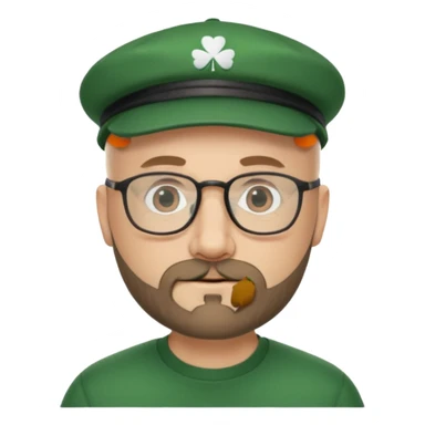 47 year old white male, bald, short beard with glasses and irish cap sticker