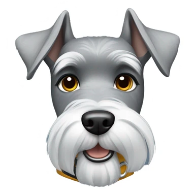 Gray schnauzer with pointy ears wearing a blue collar with lightning bolt tag sticker