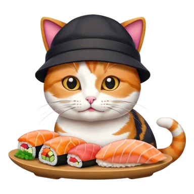 cat wearing a hat made out of sushi sticker