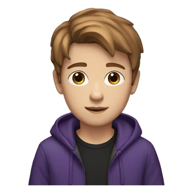  Draw a 12-year-old boy with brown fair hair and wearing a brown and black t-shirt and a jacket that is a mixture of purple and black. sticker