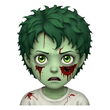 zombie character with green skin, messy short curly black hair, and no glasses. Give him large expressive eyes, a slightly frightened or eerie expression, subtle wounds, dark under-eye shadows, and a few cracks or dried blood marks on the face.  white shirt and without bleeding eyes **BLACK HAIR** sticker