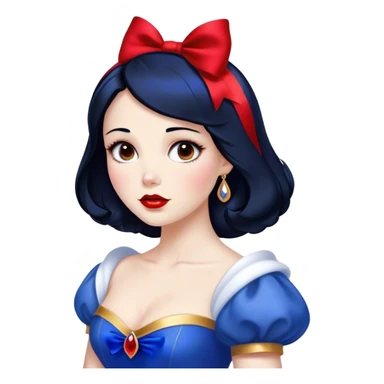 Cinematic Stunning Snow White Portrait Emoji, Fair skin glowing like porcelain, ruby-red lips, deep brown eyes full of kindness, raven hair framed by her iconic red bow, wearing her royal blue and gold gown, exuding timeless beauty and grace! sticker