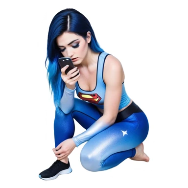 Disapponted-big tears-head back texting on phone-very very large upper body-sexy face-bending forward at waist-very long very straight dark blue to light blue ombre hair-and-blue eyes-thick black eyeliner-long eyelashes-iridescent blue lowcut tanktop with black leggings with glitter superman logo sticker
